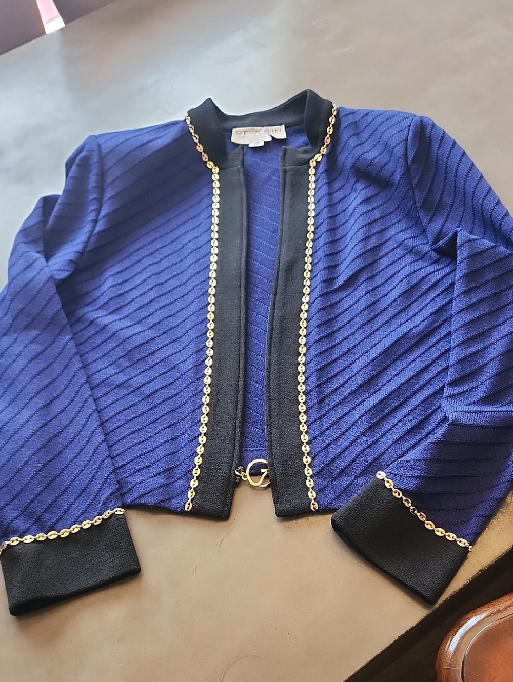 St. John Collection Royal Blue Knit Blazer with Black Trim & Gold Chain